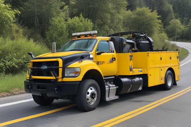 A yellow and black towing truck parked on the side of a winding road, ready to assist stranded vehicles.